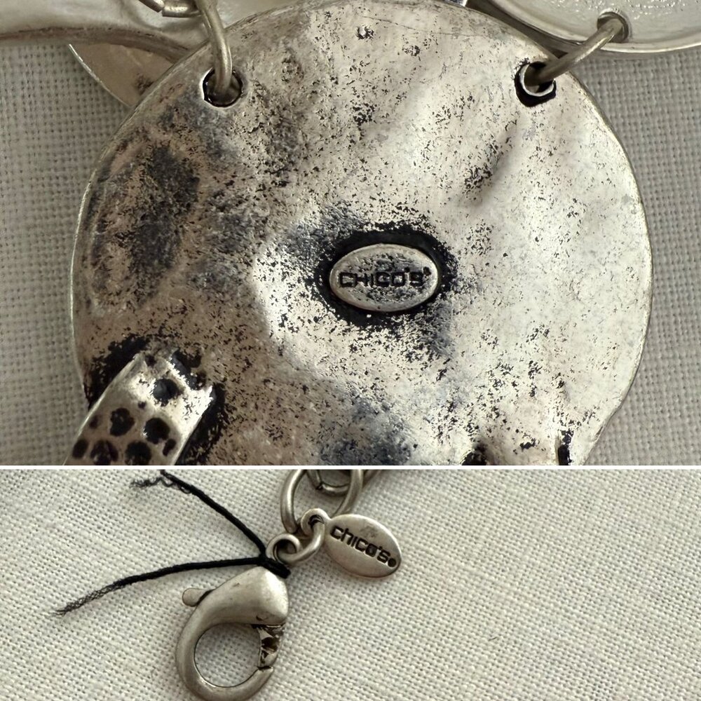 Chicos Hammered Disc Bib Necklace 17 to 20in Silver Tone Statement Chain - Picture 5 of 15
